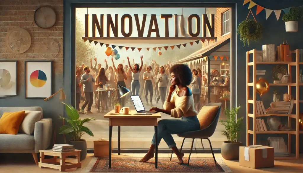 Image of a woman in front of computer with people outside celebrating under a banner word innovation. Image generated by ChatGPT