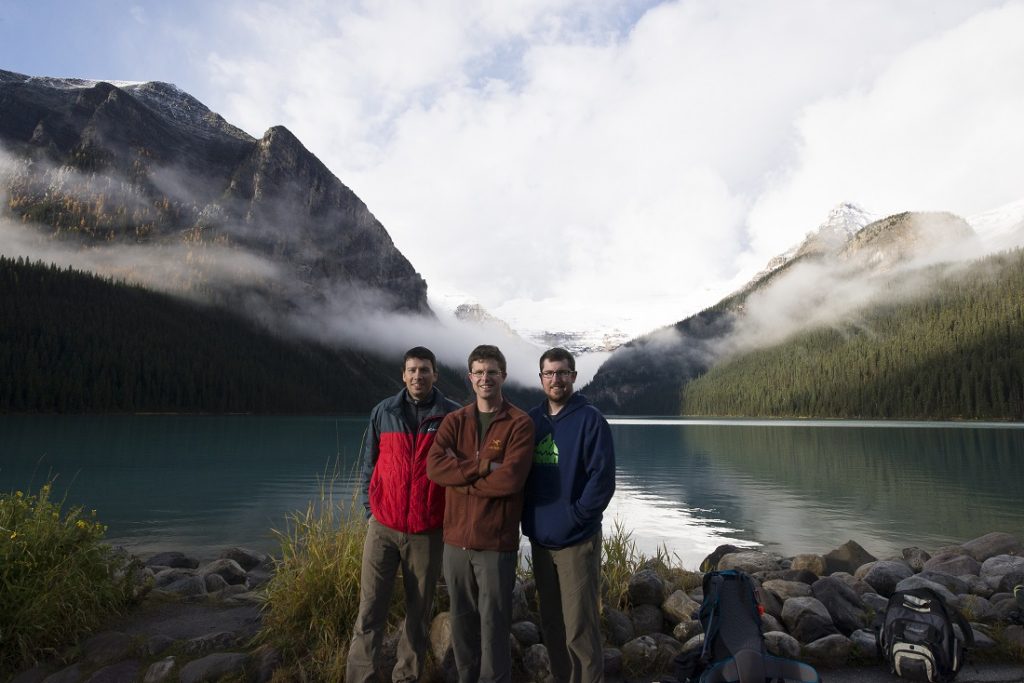 A photo of Interface Fluidics company Founders L to R - (David Sinton Tom de Haas Stuart Kinnear) with mountains in the background.