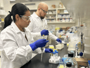 Two researchers with GlycoNet conduct testing in their laboratory at the University of Alberta.  