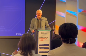 A picture of Alberta Innovates CEO Mike Mahon speaking at Edmonton Startup Week